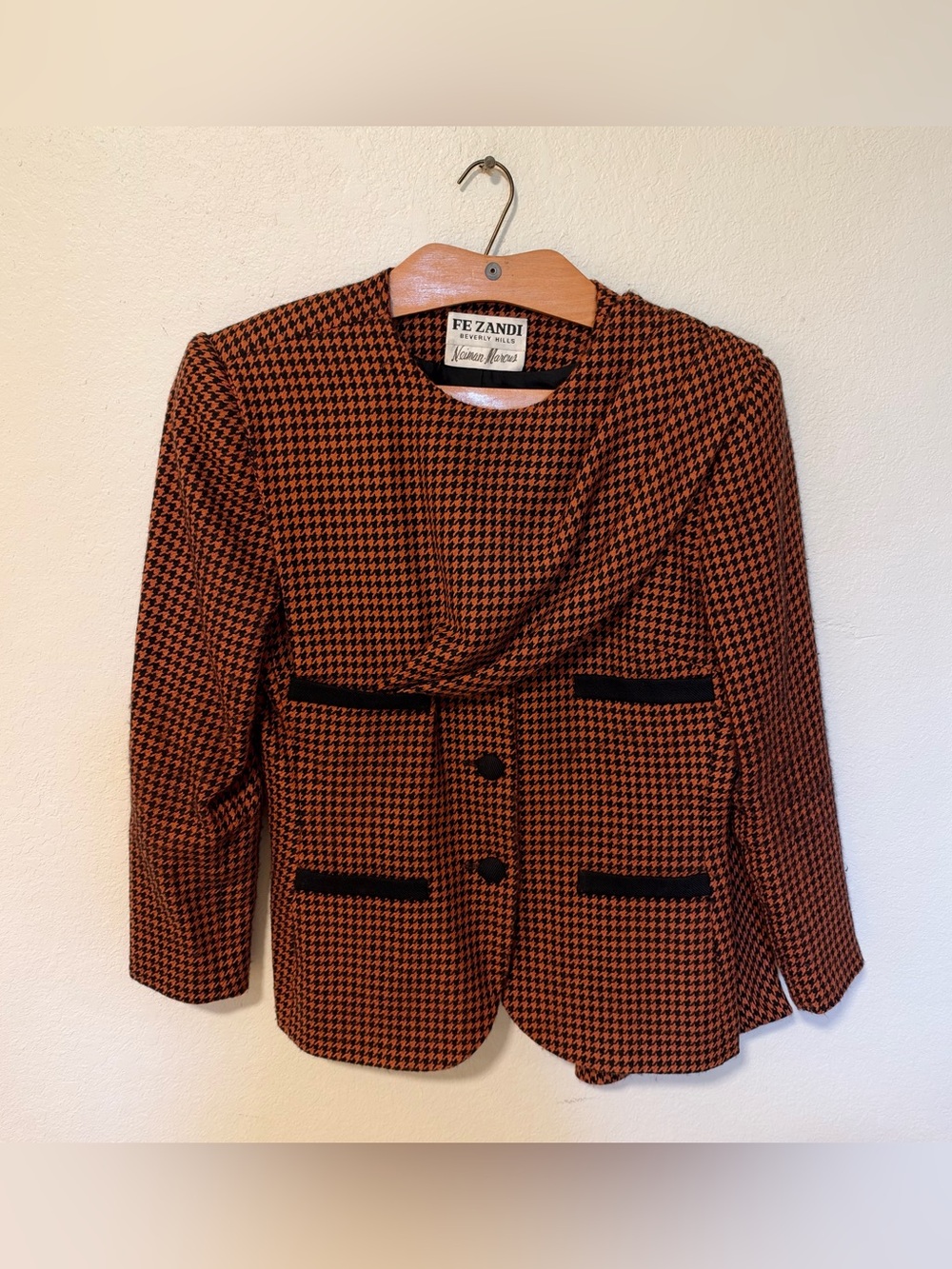 Vintage Fe Zandi Neiman Marcus Wool Houndstooth Draped Blazer Jacket 10